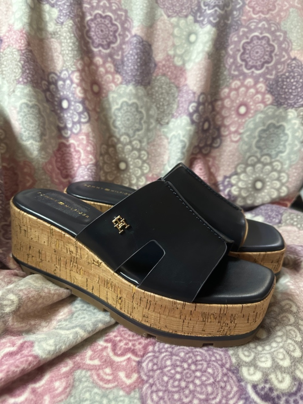 Tommy Hilfiger Black Leather Cork Platform Slide Sandals